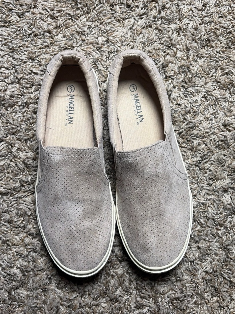 Magellan Outdoors Women’s Slip On Suede Sneakers Taupe Perforated Casual Shoes 9